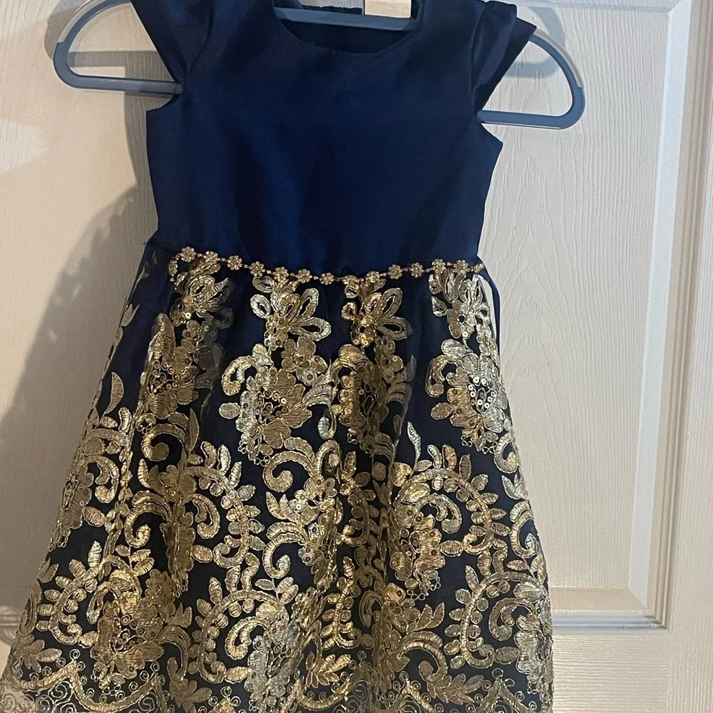 Rare Editions Navy Dress with Gold Lace Overlay - Picture 2 of 7